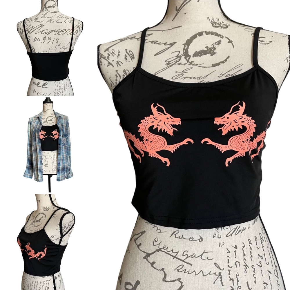 Shein Chinese Dragons Print Sleeveless Black Crop Top - S - Picture 2 of 8